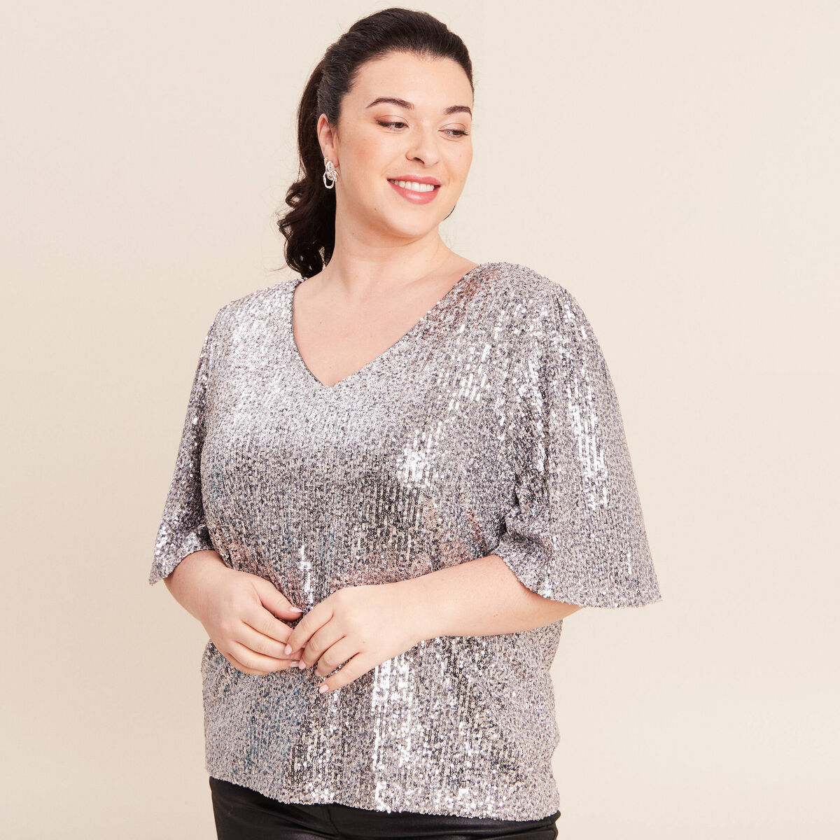 T-shirt &agrave; sequins manches coudes gris argent femme