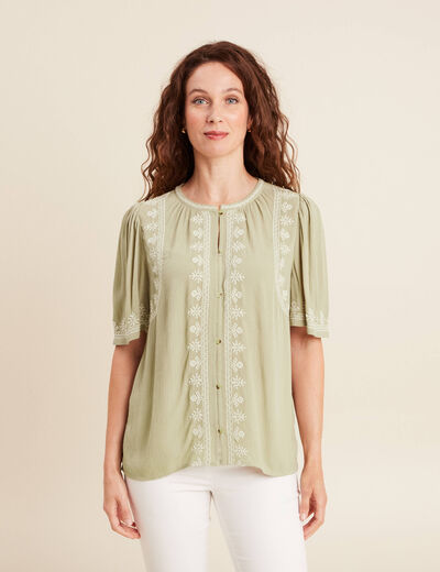 Chemise crêpe broderie col rond vert kaki femme