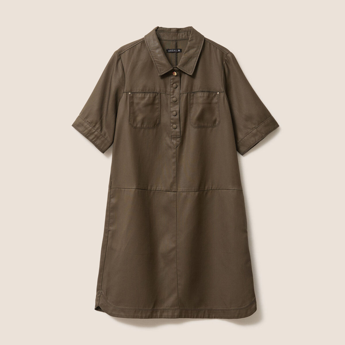 Robe droite courte enduite col chemise vert kaki femme