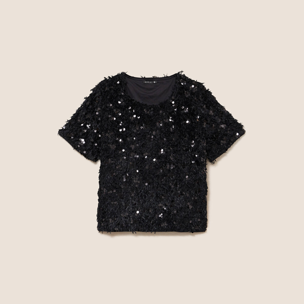 T-shirt &agrave; sequins manches courtes noir femme
