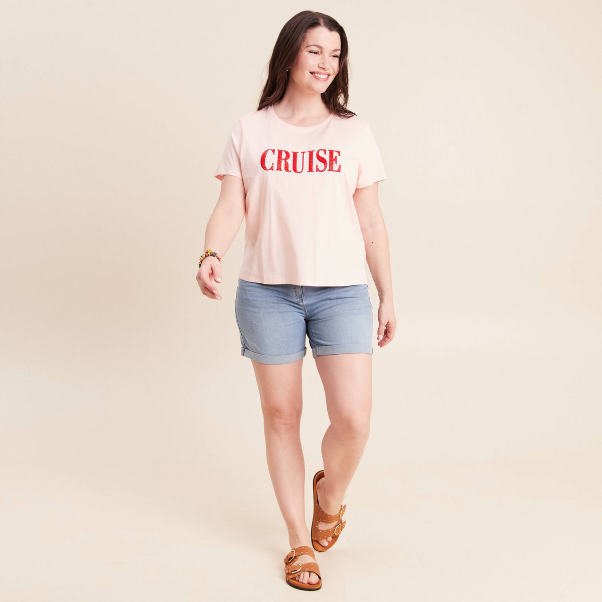 T-shirt col rond manches courtes rose poudr&eacute;e femme