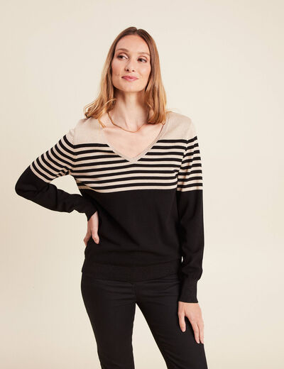 Pull ajust&eacute; col en V noir femme