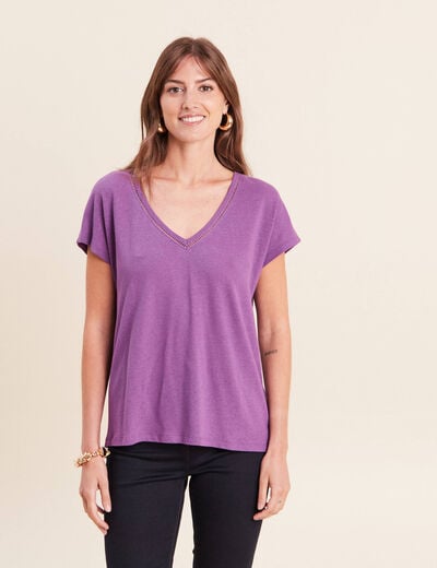 T-shirt col v manches courtes aspect lin violet femme