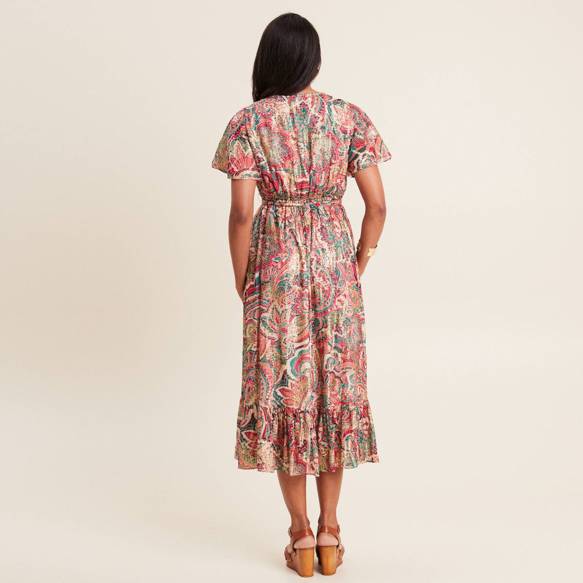 Robe longue évasée fluide rose femme