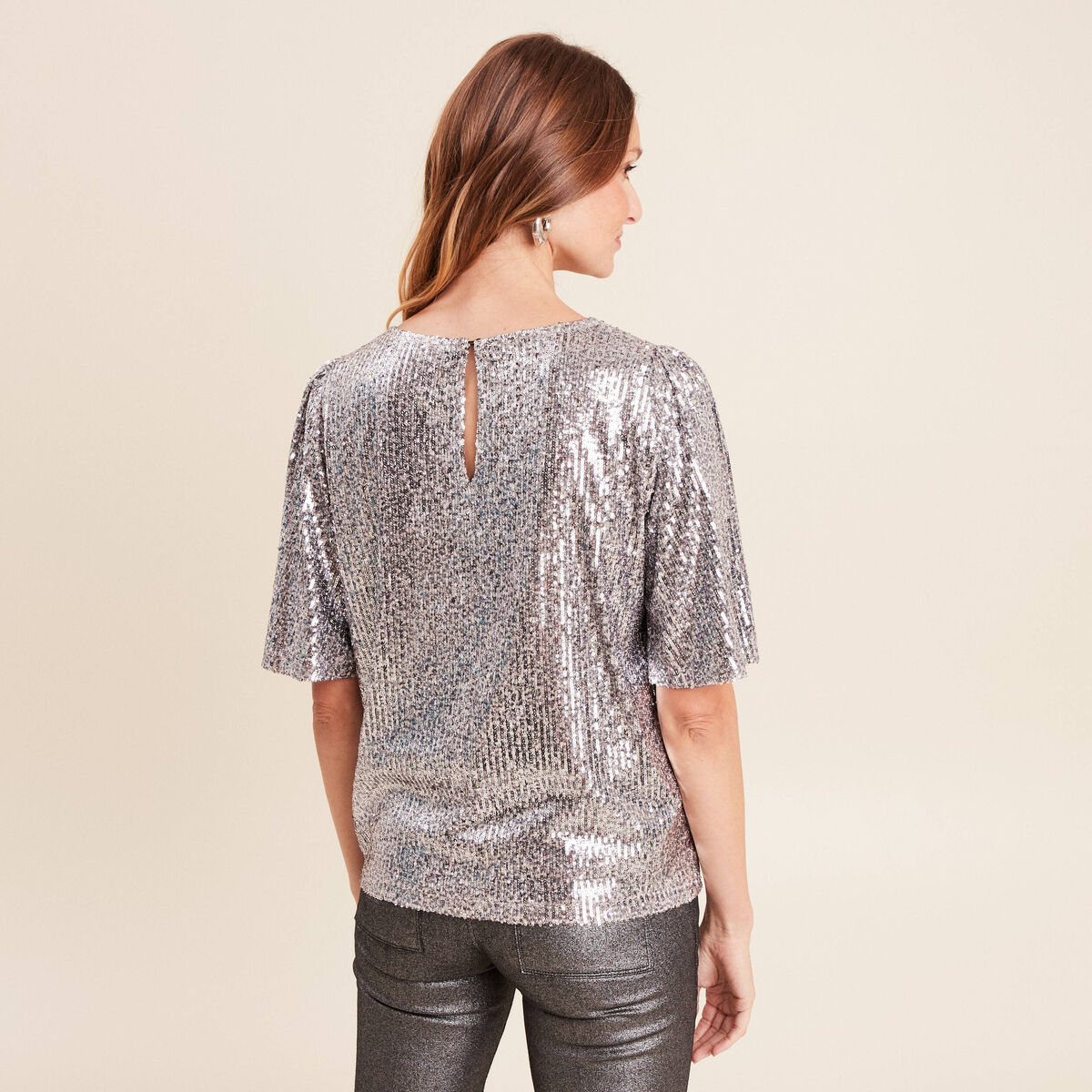 T-shirt &agrave; sequins manches coudes gris argent femme