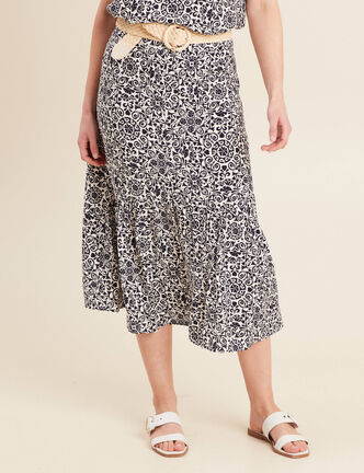Jupe midi droite satin bleu marine femme