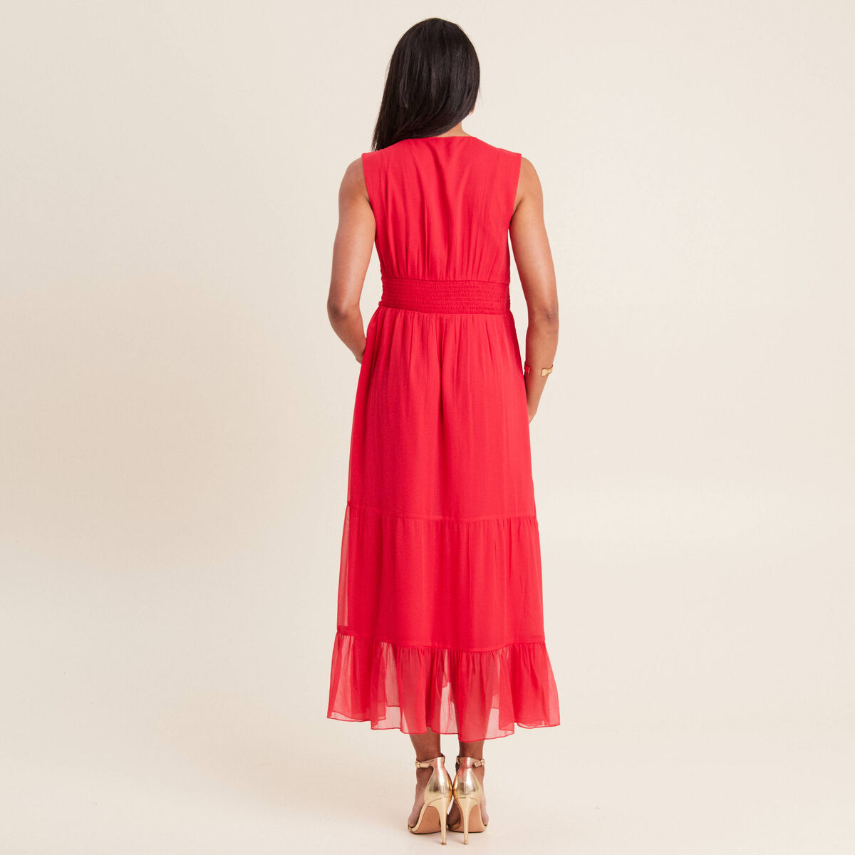 Robe longue &eacute;vas&eacute;e volants rouge femme