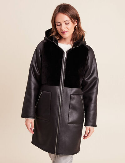 Manteau fausse fourrure capuche amovible noir femme