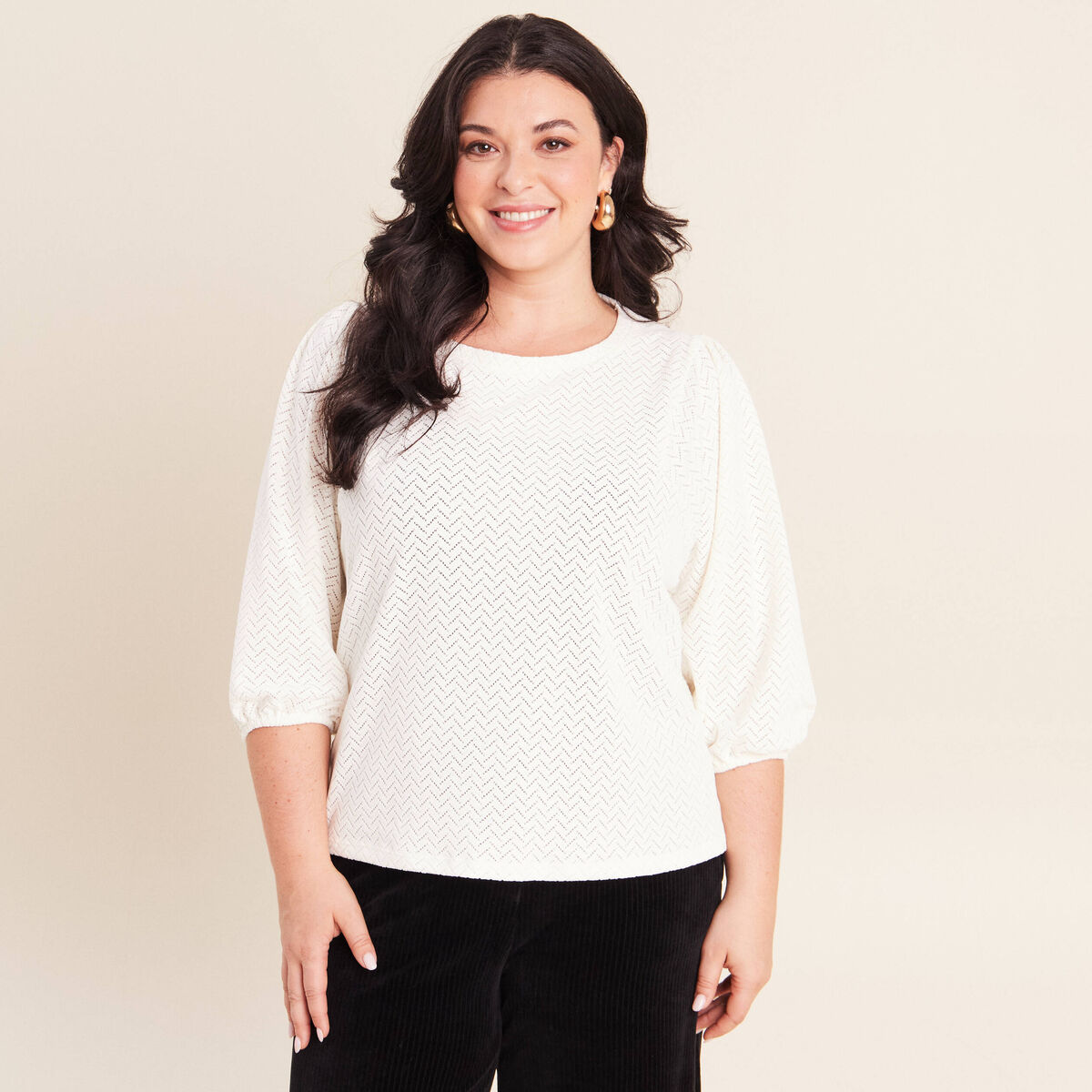 Blouse droite col rond manches 3/4 ecru femme