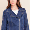 Veste ajust&eacute;e en jean col biker denim stone femme