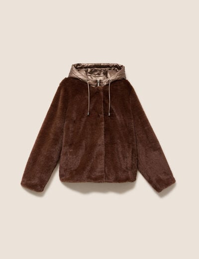 Manteau &agrave; capuche fausse fourrure marron fonc&eacute; femme