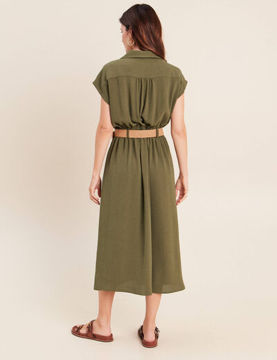 Robe patineuse 3/4 col chemise vert kaki femme