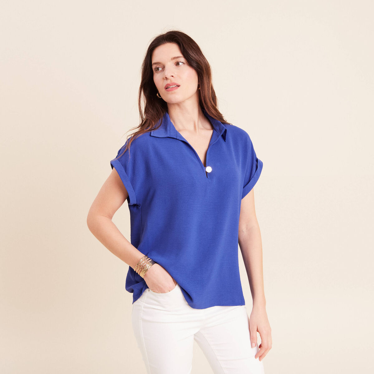 Blouse manches courtes bleu fonc&eacute; femme