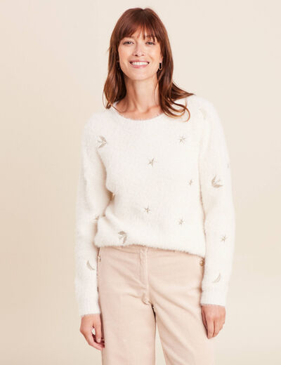 Pull brod&eacute; manches longues ecru femme