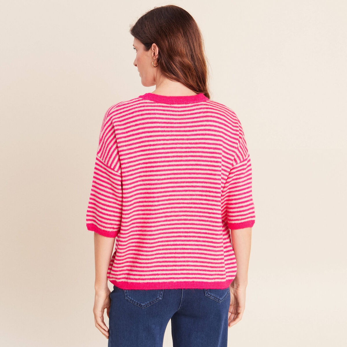 Pull droit col rond manches 3/4 rose femme
