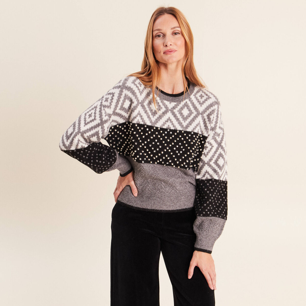 Pull jacquard col rond gris femme