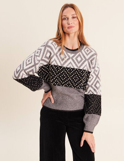 Pull jacquard col rond gris femme