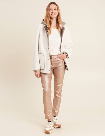 Manteau effet laine mouton &agrave; capuche ecru femme