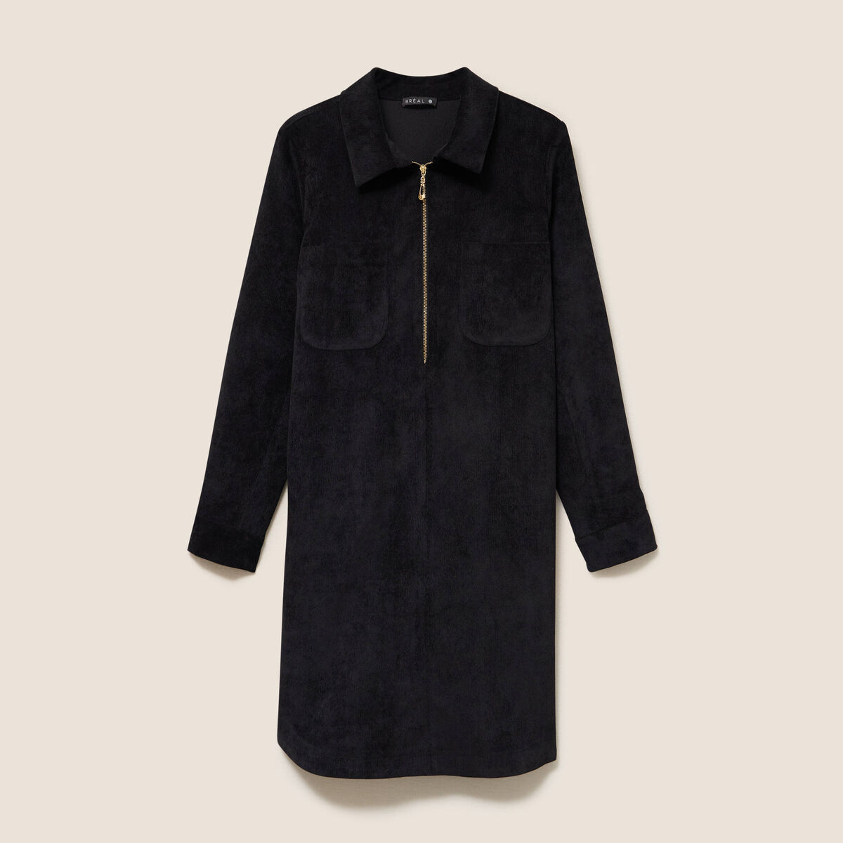 Robe droite courte velours col chemise noir femme
