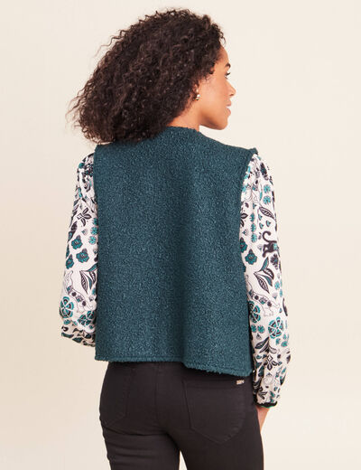 Gilet sans manches bouclette poches vert fonc&eacute; femme