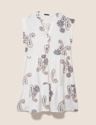 Robe courte &eacute;vas&eacute;e col tunisien brod&eacute;e bleu femme