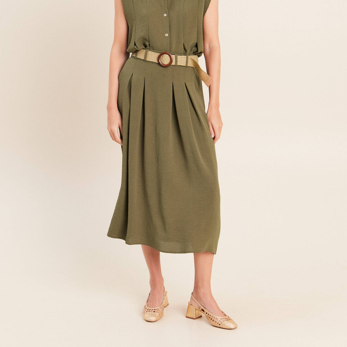 Jupe longue &eacute;vas&eacute;e ceintur&eacute;e vert kaki femme