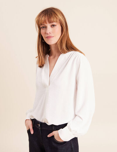 Blouse fluide col v manches longues ecru femme