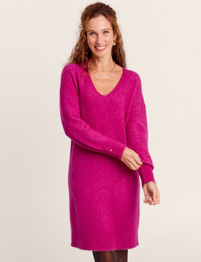 Robe pull droite col en V rose fushia femme