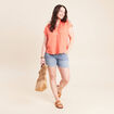 Chemise ample manches courtes aspect lin orange fluo femme
