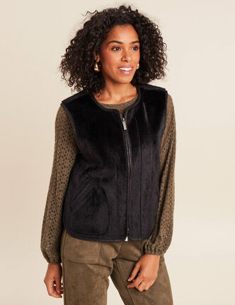 Veste sans manches sans col marron fonc&eacute; noir femme