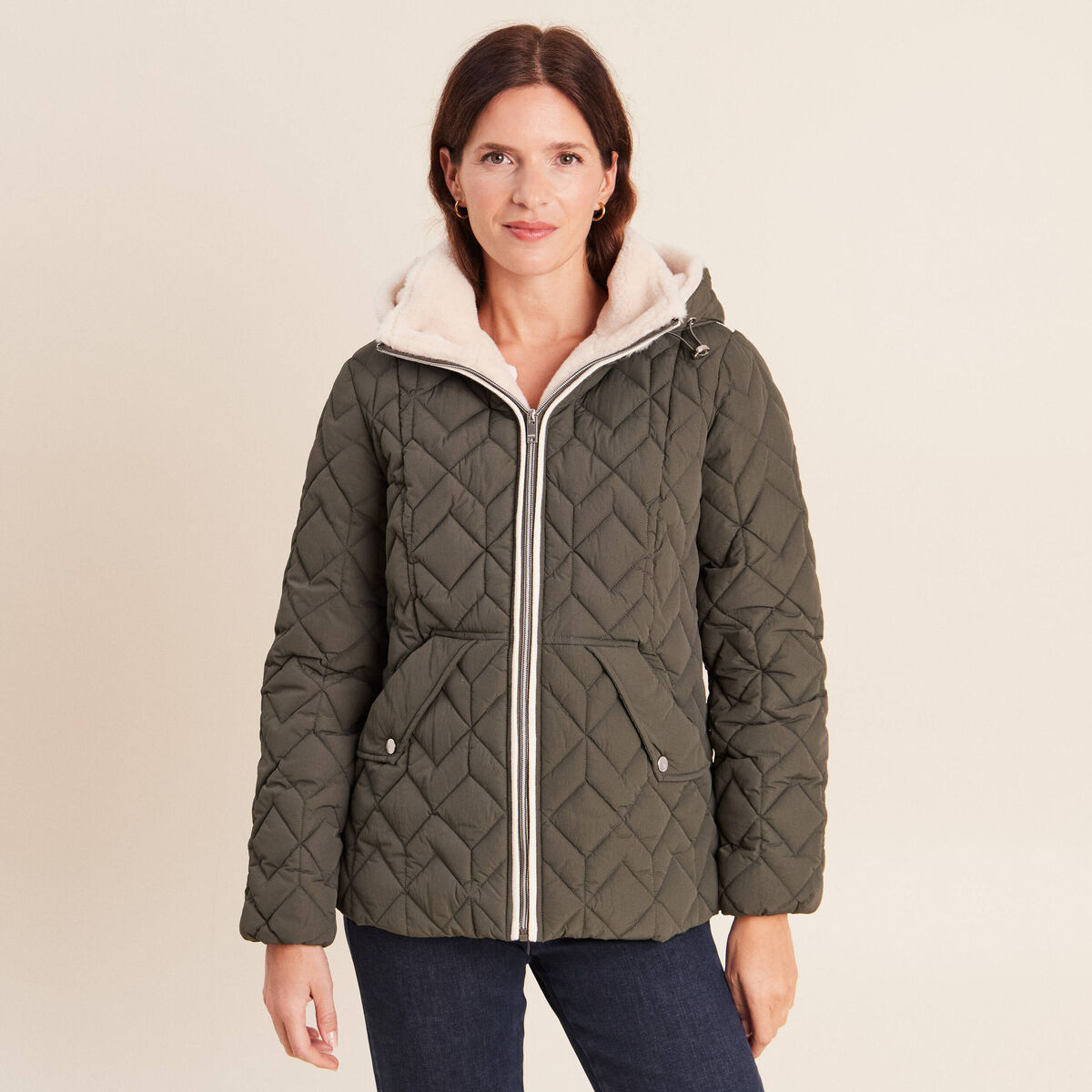Doudoune doubl&eacute;e avec capuche vert kaki femme