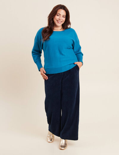 Pantalon large velours bleu marine femme