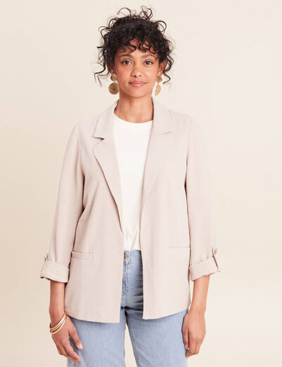 Veste longue droite col tailleur gris clair femme