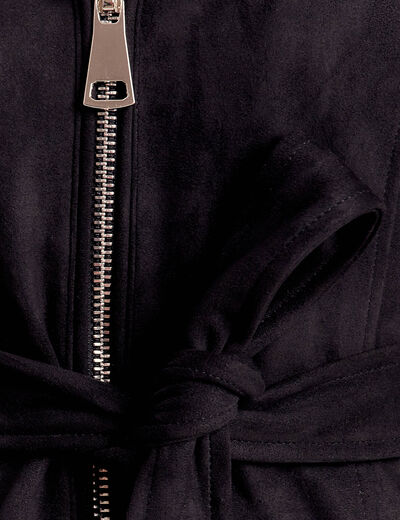 Manteau cintré suédine capuche noir femme