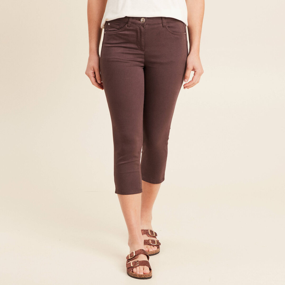 Pantacourt droit taille standard marron femme