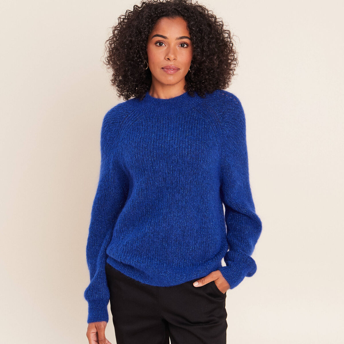 Pull droit col montant manches longues bleu electrique femme