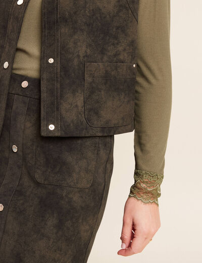 Veste sans manches aspect daim doubl&eacute;e vert kaki femme