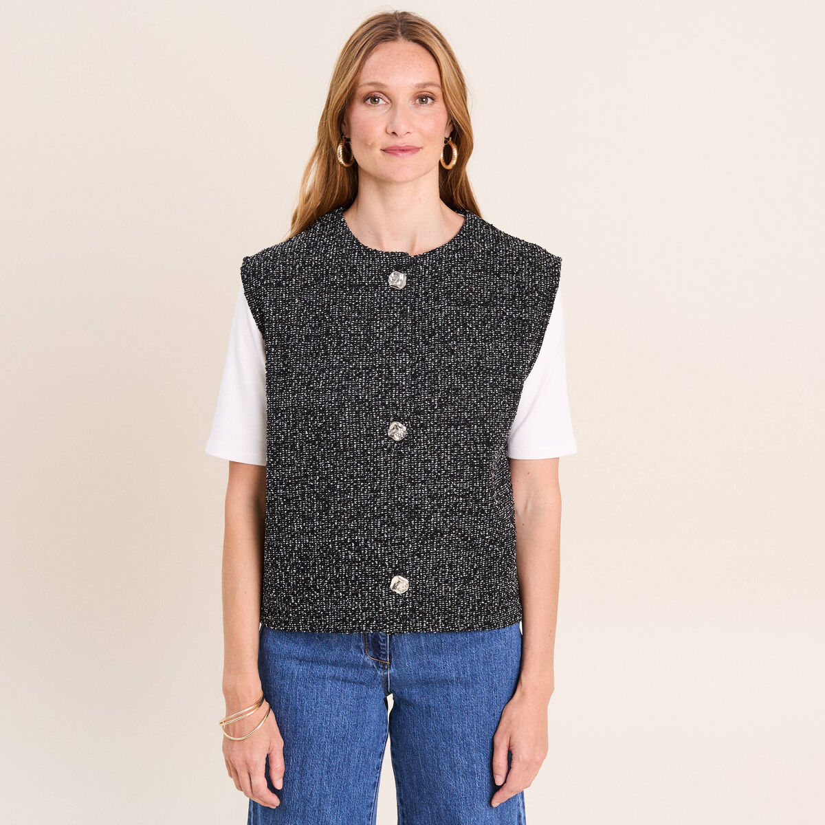 Gilet tweed droit court sans manches noir femme