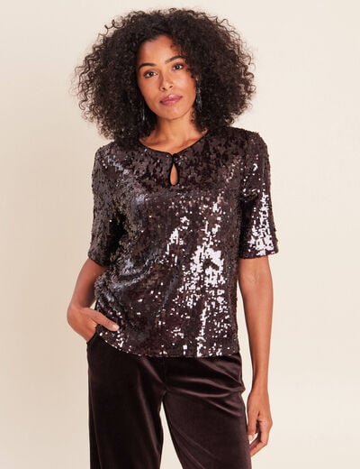 T-shirt &agrave; sequins manches courtes marron fonc&eacute; femme