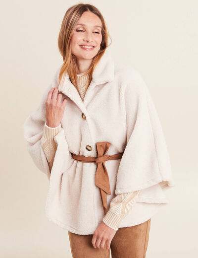 Poncho boutonn&eacute; ceintur&eacute; ecru femme
