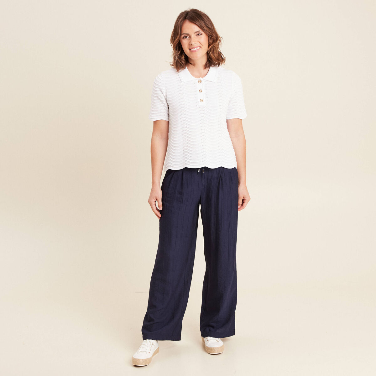 Pantalon fluide taille haute bleu marine femme
