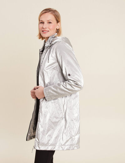 Parka métallisée à capuche gris argent femme