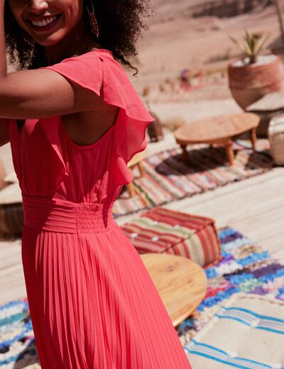 Robe longue évasée plissée rose cerise femme
