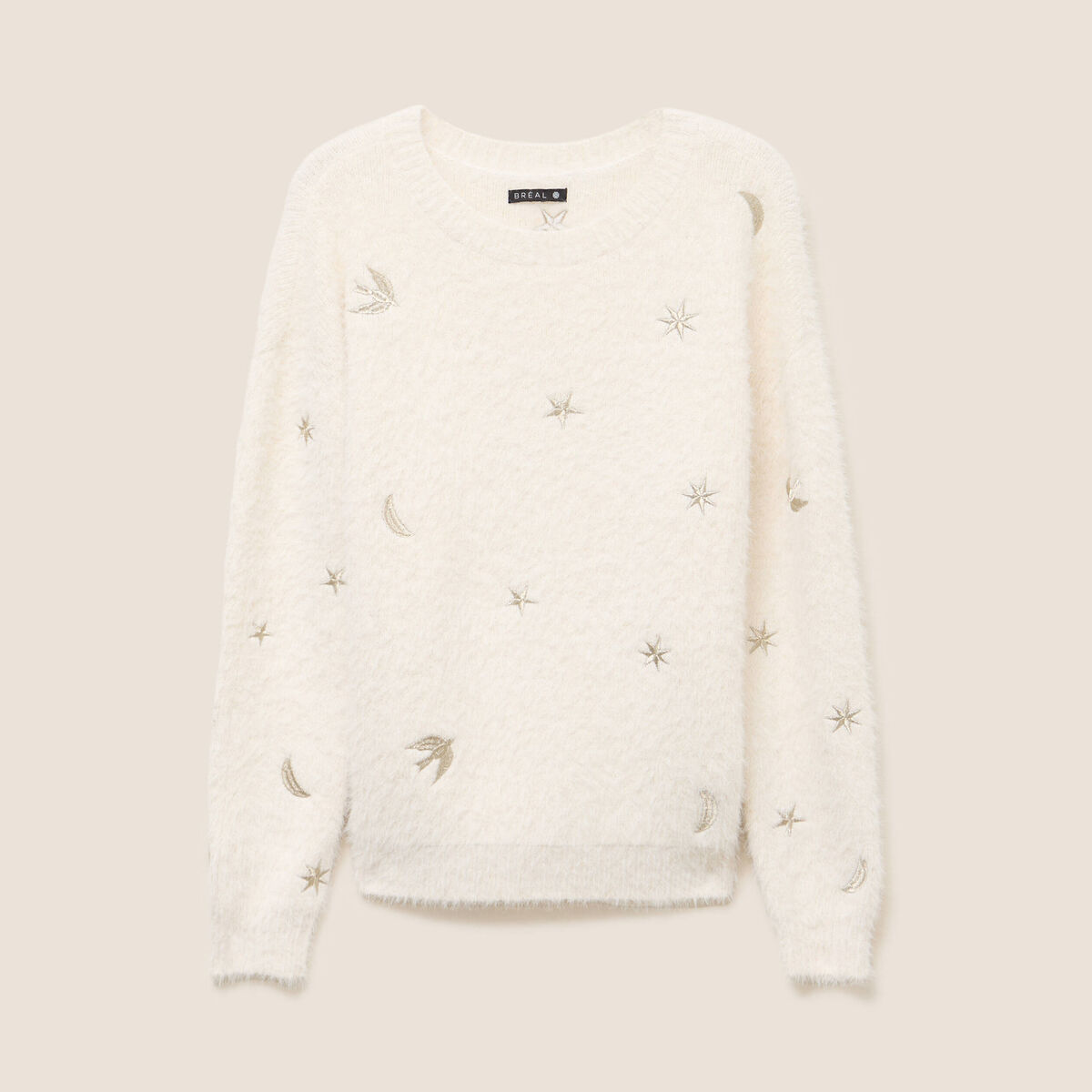 Pull brod&eacute; manches longues ecru femme