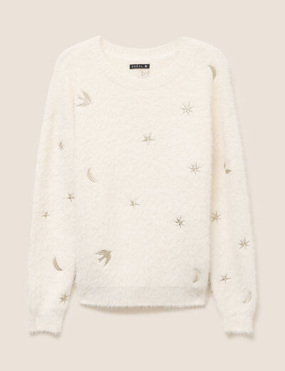 Pull brod&eacute; manches longues ecru femme