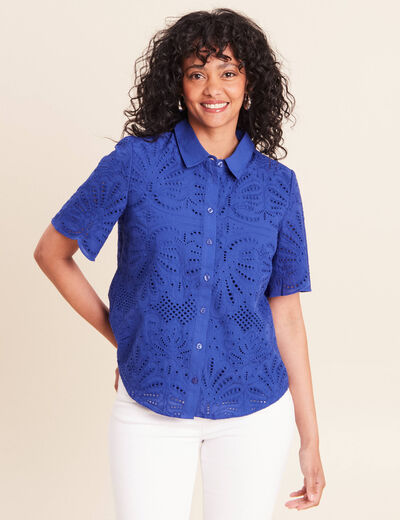 Chemise manches courtes brod&eacute;e bleu fonc&eacute; femme