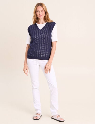 Pull droit sans manches &agrave; capuche bleu marine femme