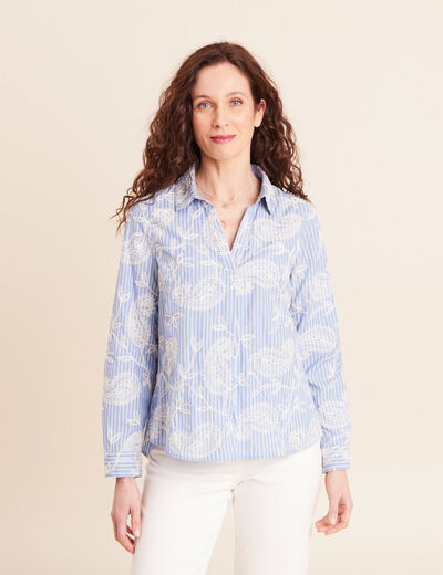 Blouse ample manches longues brod&eacute;e bleu ciel femme