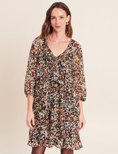 Robe courte &eacute;vas&eacute;e col v manches longues multicolore femme