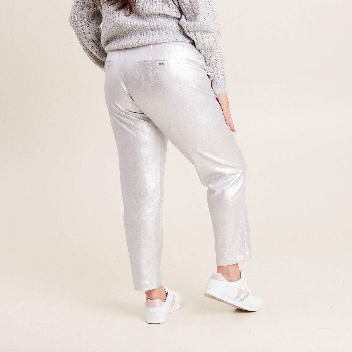Pantalon jogging métallisé gris argent femme